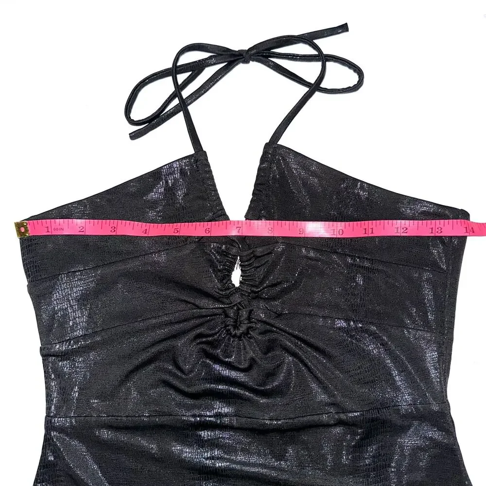 Princess Polly Black Shine Snake Texture Halter Bodycon Mini Dress Size 4